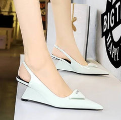 Elegant Patent Leather Shallow Cut Pointed Hollow Back Strap High Heeled Sandal