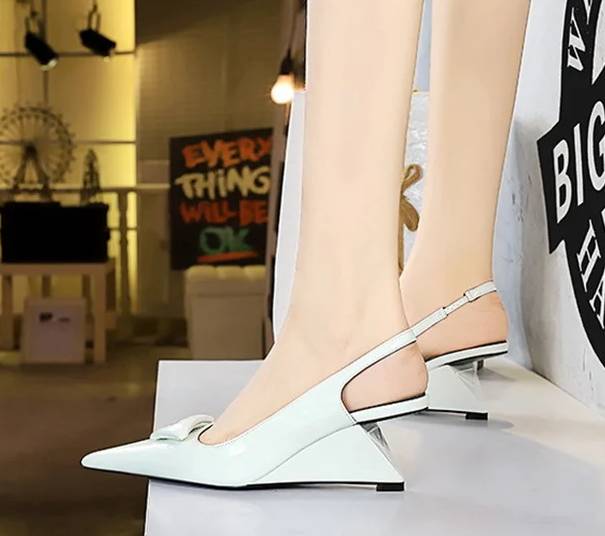 Elegant Patent Leather Shallow Cut Pointed Hollow Back Strap High Heeled Sandal
