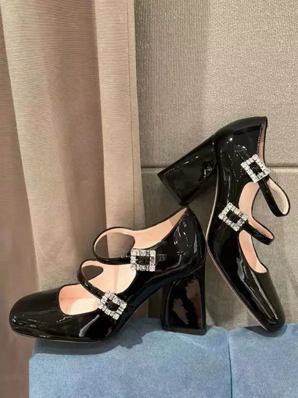 Elegant Patent Leather Square Toe Lace Up Vintage Shoes