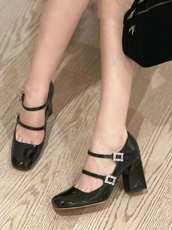 Elegant Patent Leather Square Toe Lace Up Vintage Shoes