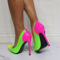 Elegant Patent Leather fluorescent Bright Mixed Color Thin Heels Pumps