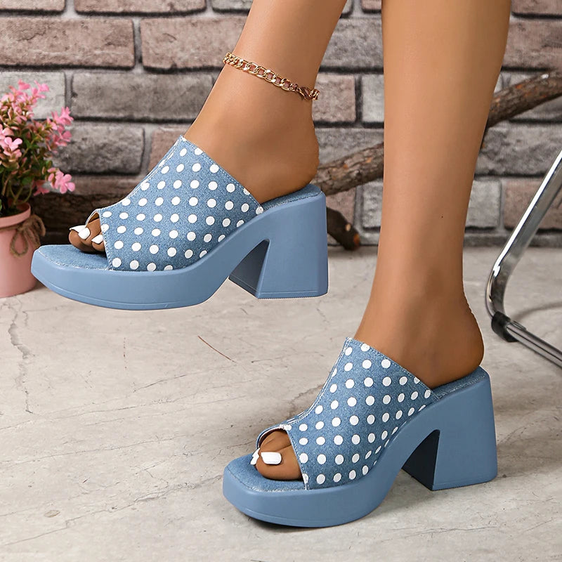 Elegant Polka Dot Denim Buckle Platform High Heel Sandals