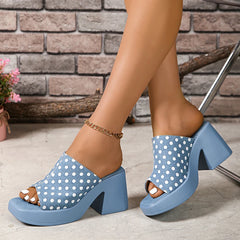 Elegant Polka Dot Denim Buckle Platform High Heel Sandals