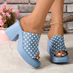 Elegant Polka Dot Denim Buckle Platform High Heel Sandals