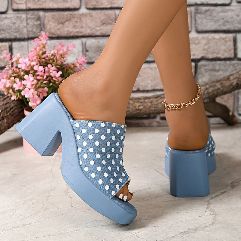 Elegant Polka Dot Denim Buckle Platform High Heel Sandals