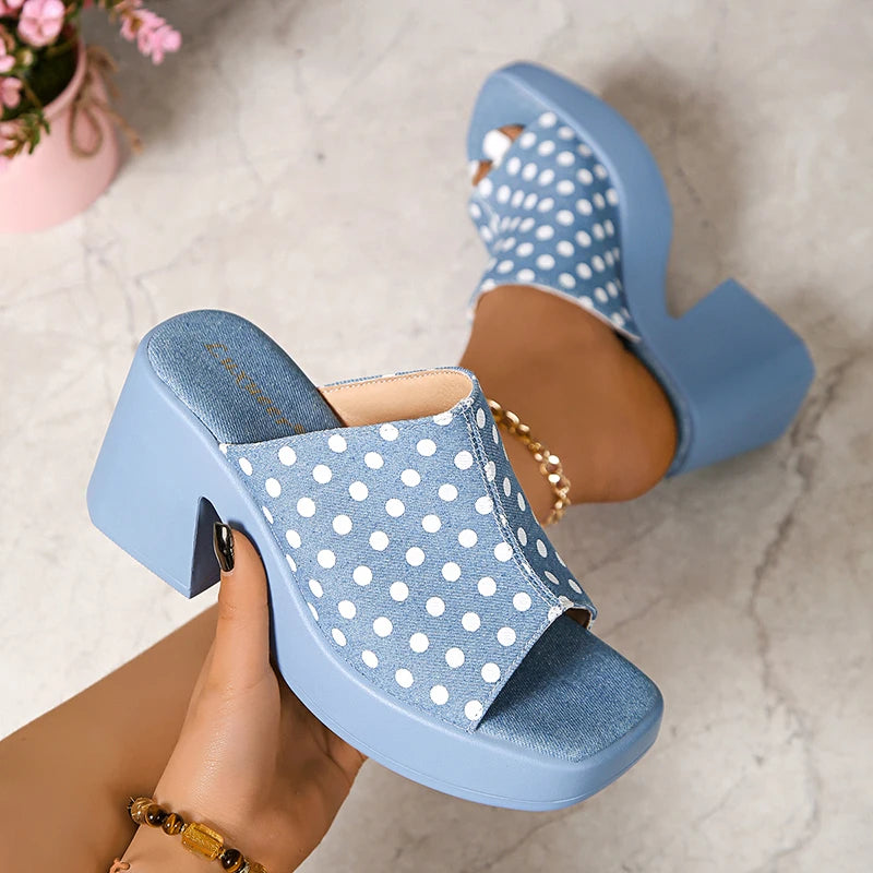 Elegant Polka Dot Denim Buckle Platform High Heel Sandals
