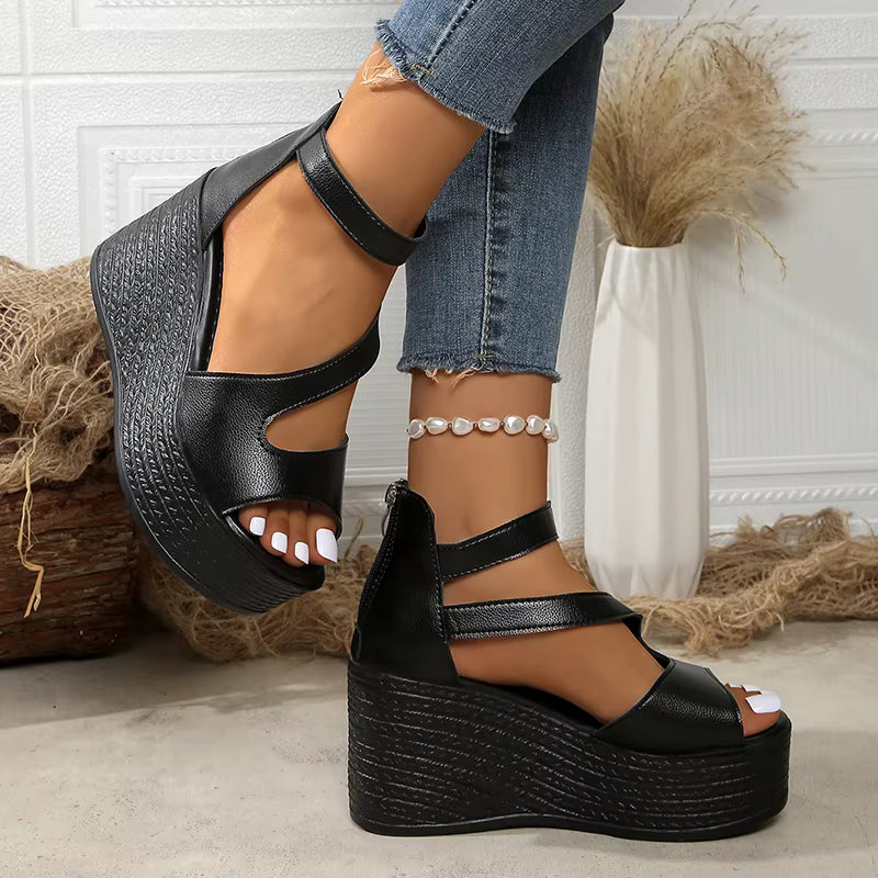 Elegant Peep Toe Chunky Platform Thick Bottom Ankle Strap Wedge Heel
