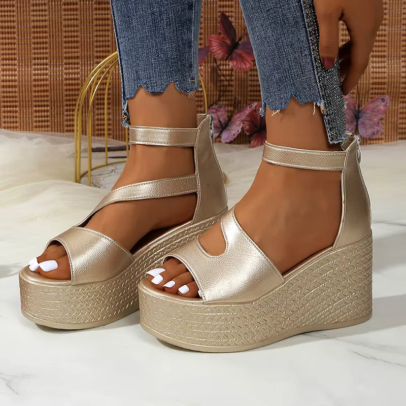 Elegant Peep Toe Chunky Platform Thick Bottom Ankle Strap Wedge Heel