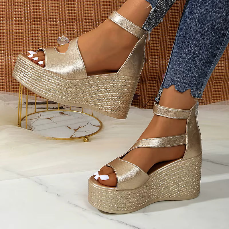 Elegant Peep Toe Chunky Platform Thick Bottom Ankle Strap Wedge Heel