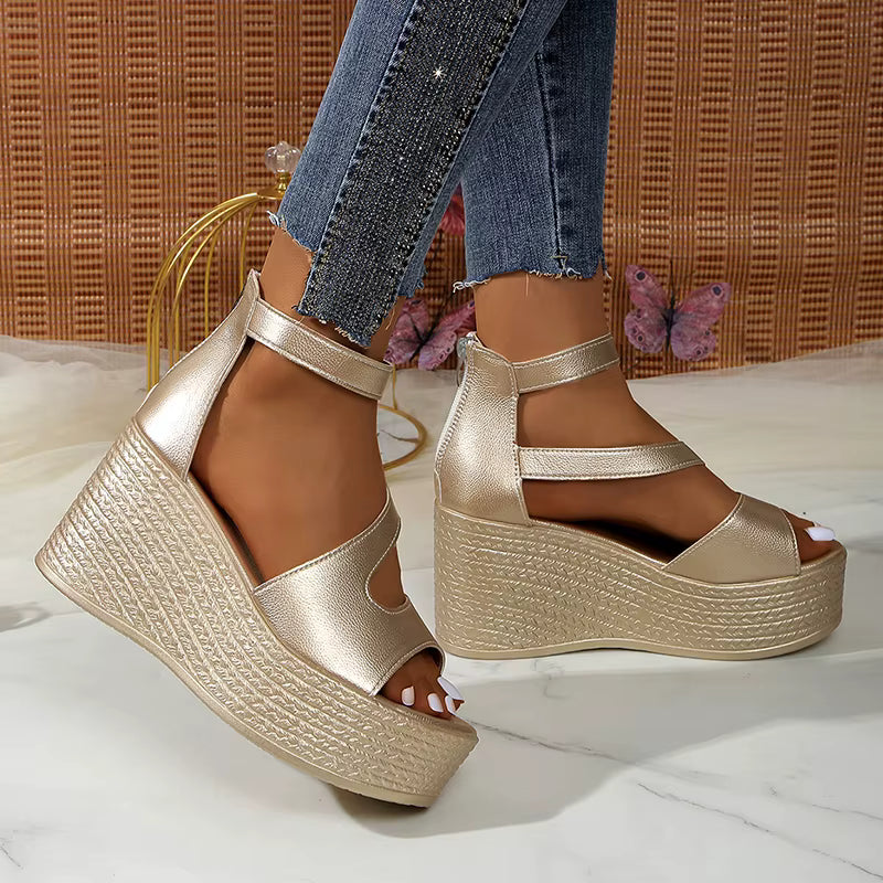 Elegant Peep Toe Chunky Platform Thick Bottom Ankle Strap Wedge Heel