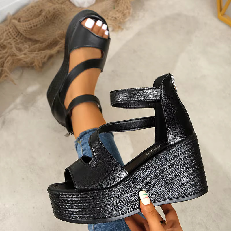 Elegant Peep Toe Chunky Platform Thick Bottom Ankle Strap Wedge Heel