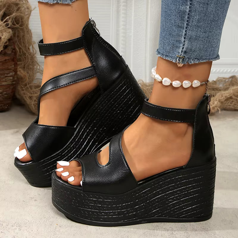 Elegant Peep Toe Chunky Platform Thick Bottom Ankle Strap Wedge Heel