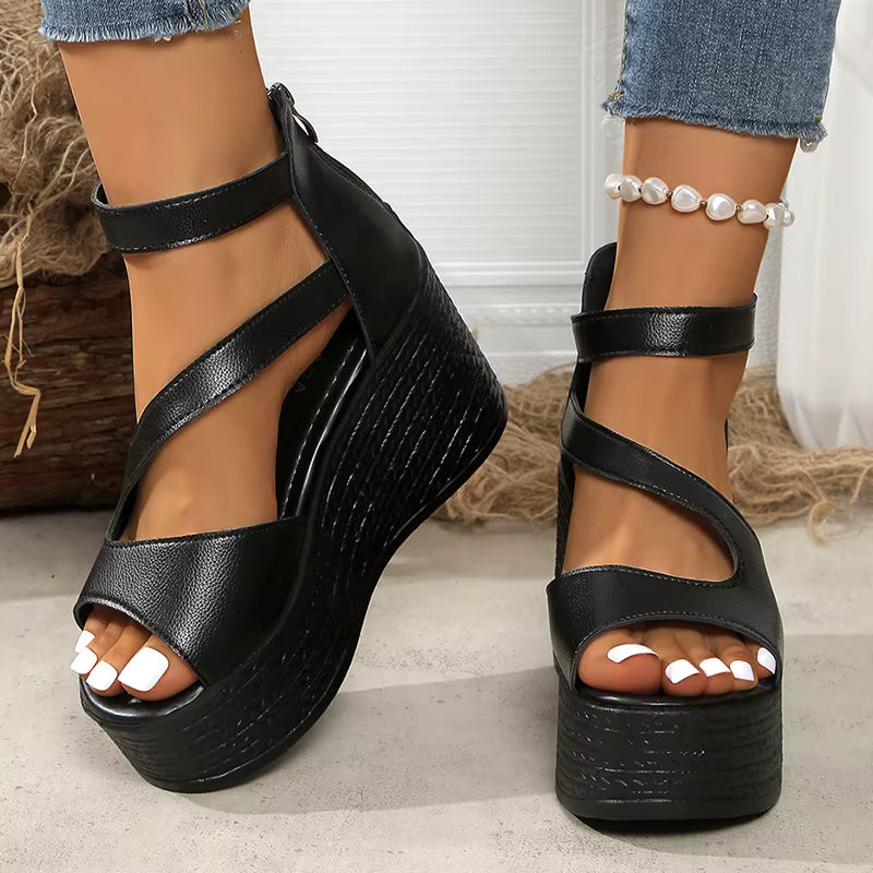Elegant Peep Toe Chunky Platform Thick Bottom Ankle Strap Wedge Heel