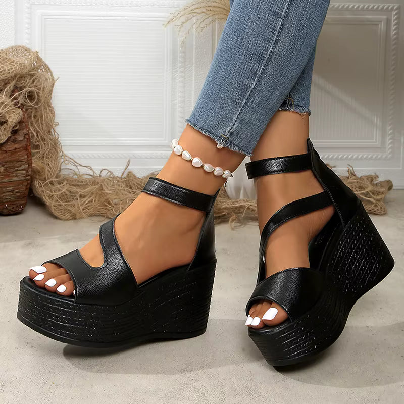 Elegant Peep Toe Chunky Platform Thick Bottom Ankle Strap Wedge Heel