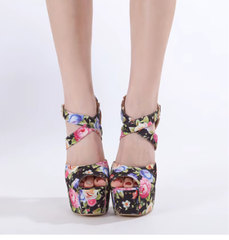 Elegant Peep Toe Fashion Print Flowers Platform Pumps High Heels