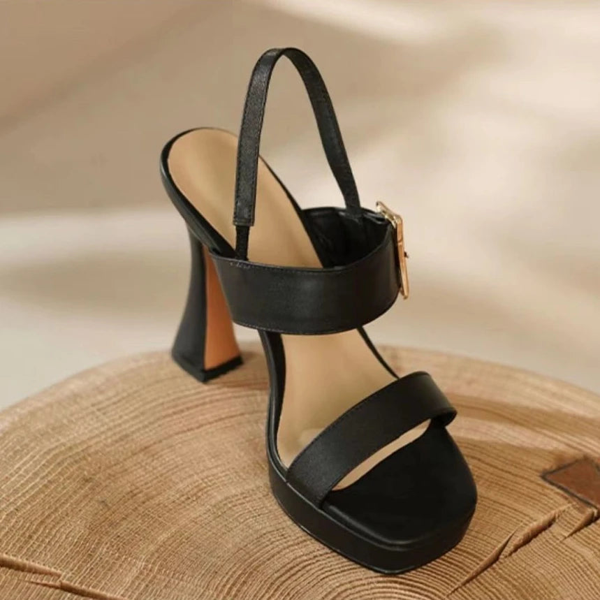 Elegant Back Strap Microfiber Platform Kitten Stiletto High Heeled Sandal