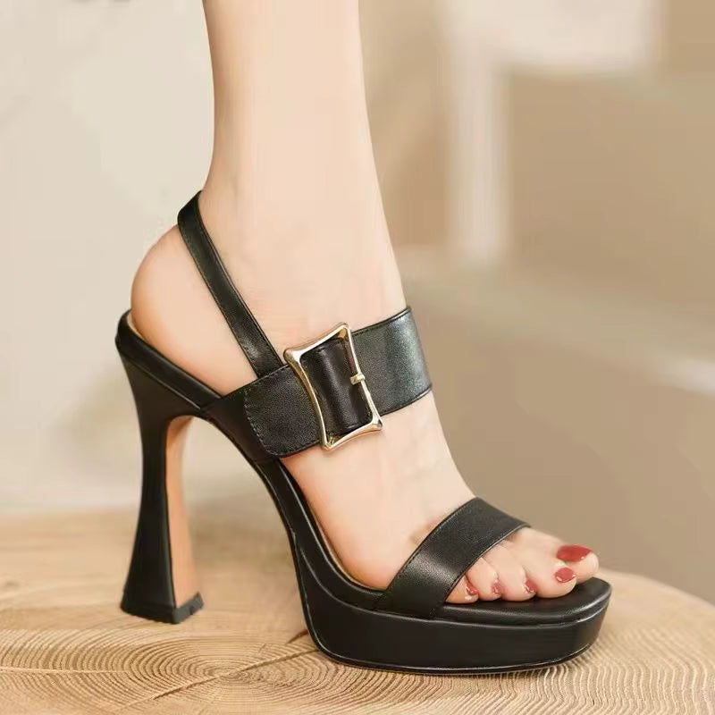 Elegant Back Strap Microfiber Platform Kitten Stiletto High Heeled Sandal