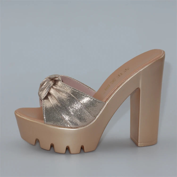 Elegant Platform Slides Open Head Bow Evening Party High Heels Sandal