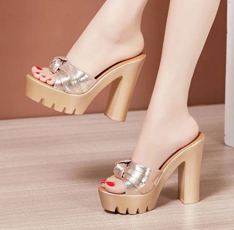 Elegant Platform Slides Open Head Bow Evening Party High Heels Sandal