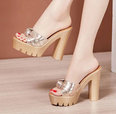 Elegant Platform Slides Open Head Bow Evening Party High Heels Sandal