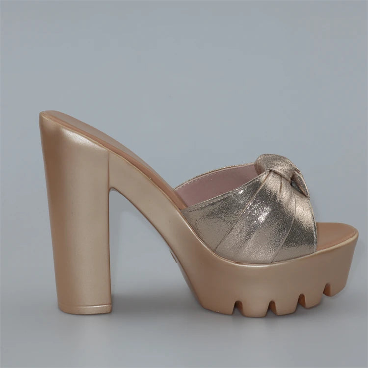 Elegant Platform Slides Open Head Bow Evening Party High Heels Sandal
