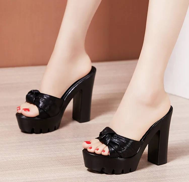 Elegant Platform Slides Open Head Bow Evening Party High Heels Sandal
