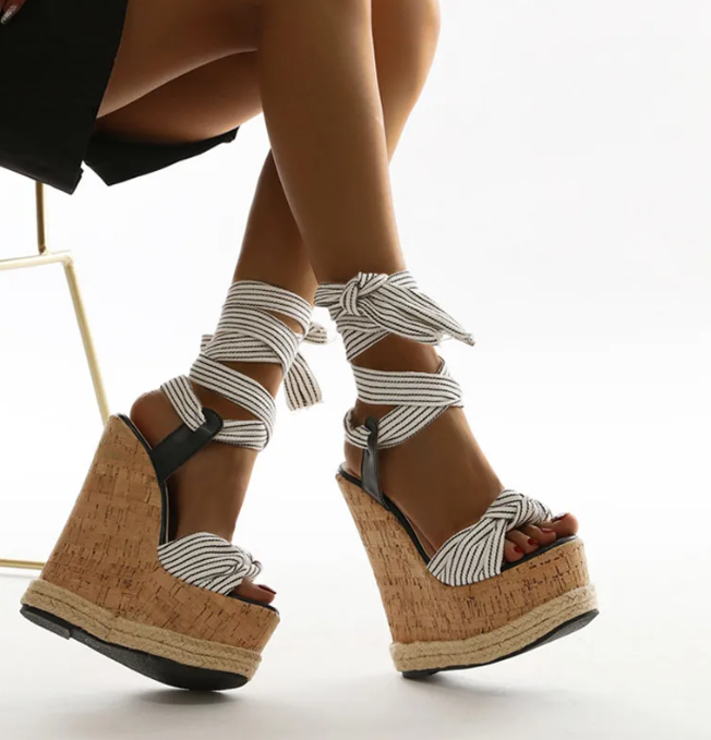 Elegant Platform Wedges Ankle Lace-Up Open Toe High Heels