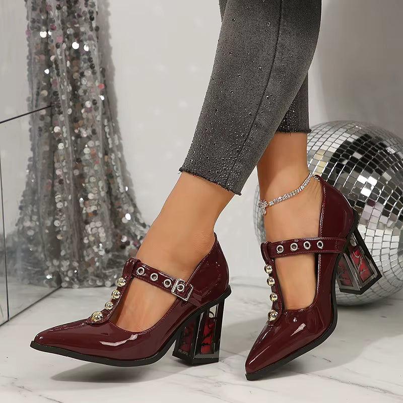 Elegant Pointed Toe Ankle Strap Square Thick Rose High Heels