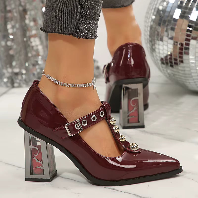 Elegant Pointed Toe Ankle Strap Square Thick Rose High Heels