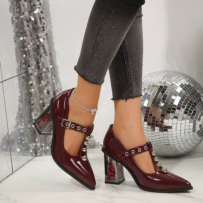 Elegant Pointed Toe Ankle Strap Square Thick Rose High Heels