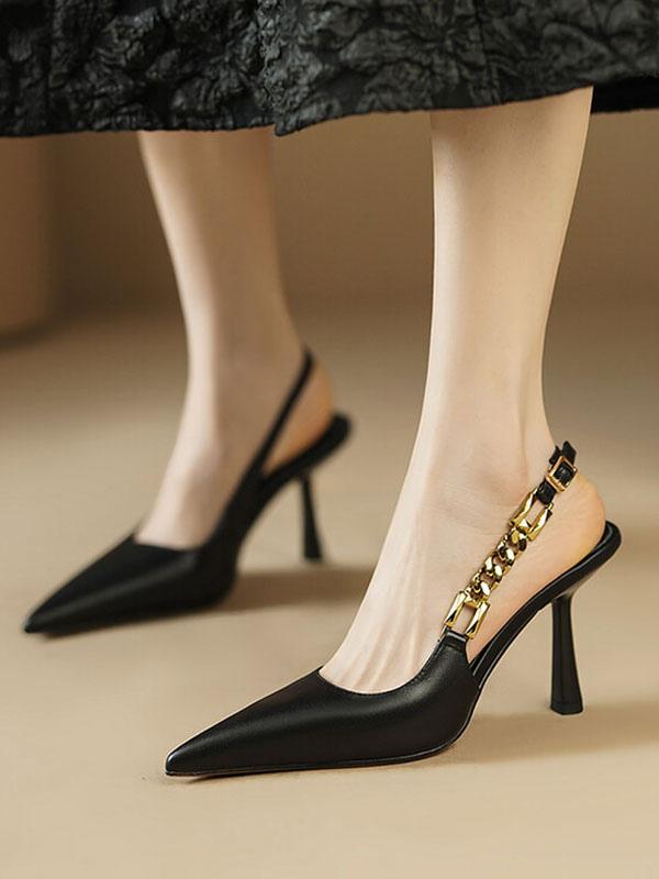 Elegant Pointed Toe Buckle Chain Detail Slingback High Heels