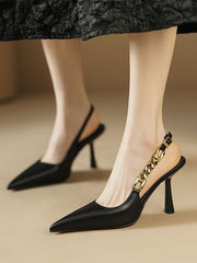 Elegant Pointed Toe Buckle Chain Detail Slingback High Heels