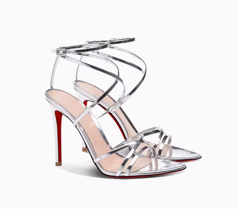 Elegant Pointed Toe Cross Straight Strap Thin High Heels Sandals