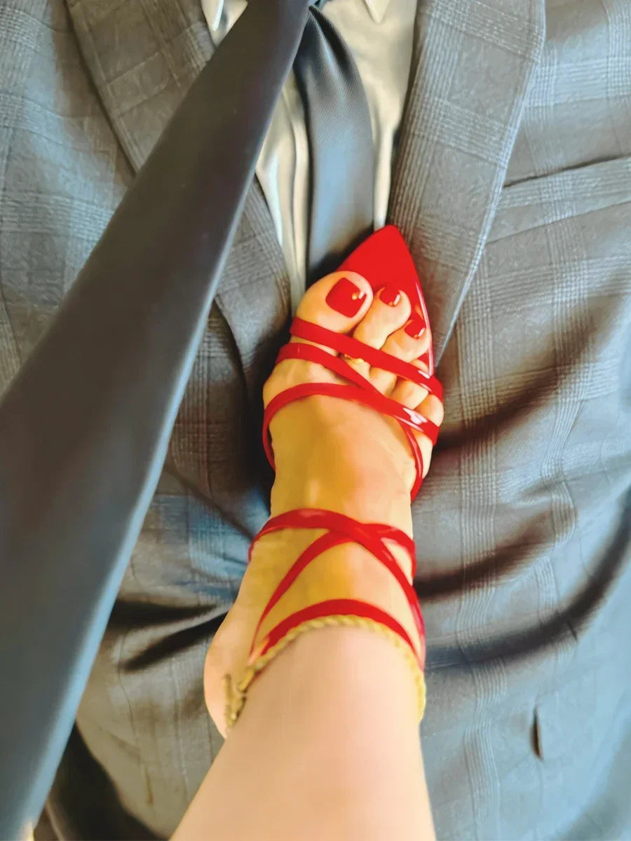 Elegant Pointed Toe Cross Straight Strap Thin High Heels Sandals