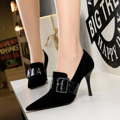 Elegant Pointed Toe Flock Suede Belt Slip On Prom High Heels