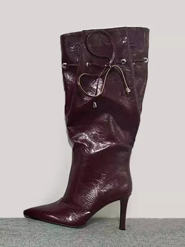 Elegant Pointed Toe Lace Up Wide Calf Stiletto High Heel Boots