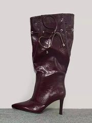 Elegant Pointed Toe Lace Up Wide Calf Stiletto High Heel Boots