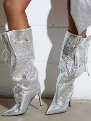 Elegant Pointed Toe Lace Up Wide Calf Stiletto High Heel Boots