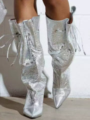 Elegant Pointed Toe Lace Up Wide Calf Stiletto High Heel Boots