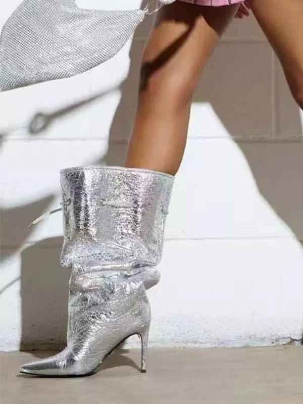 Elegant Pointed Toe Lace Up Wide Calf Stiletto High Heel Boots
