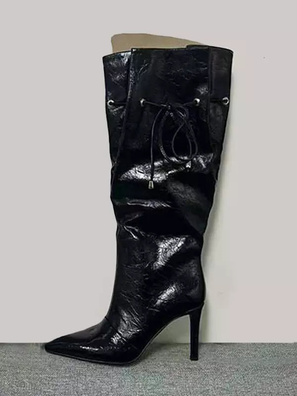 Elegant Pointed Toe Lace Up Wide Calf Stiletto High Heel Boots