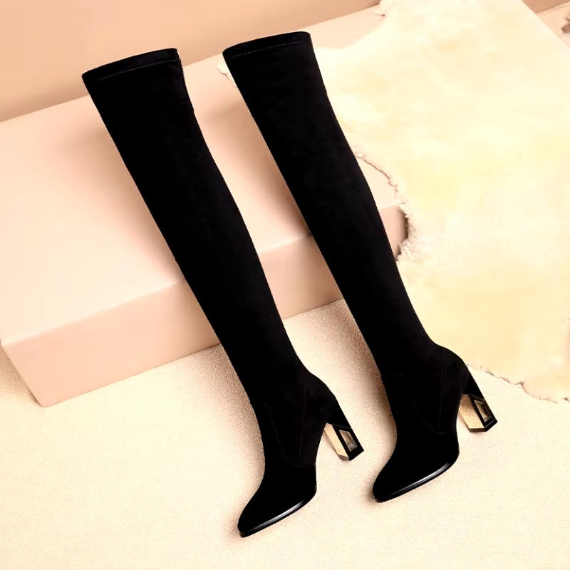 Elegant Pointed Toe Over The Knee Elastic Plus Velvet Warm Boots