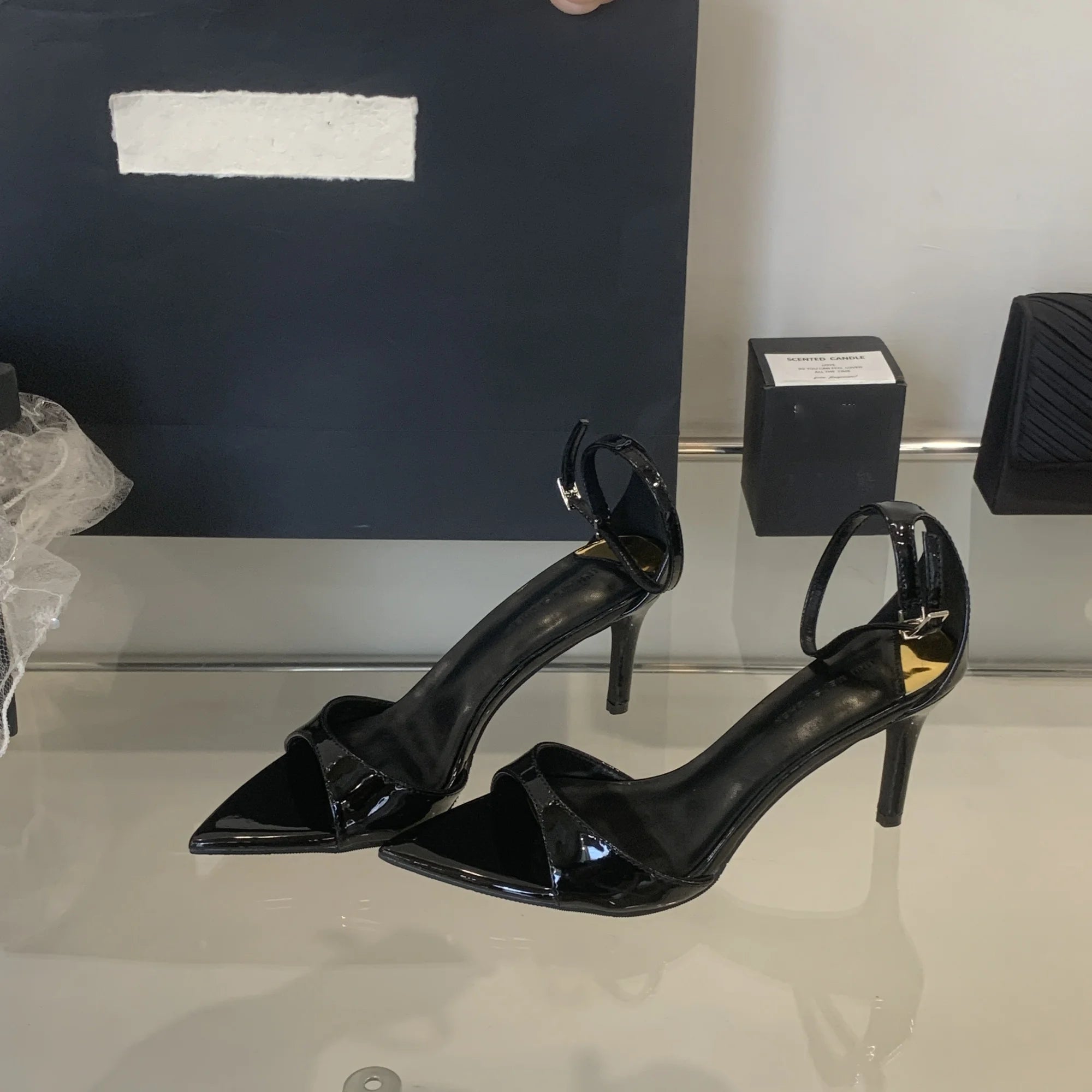 Elegant Pointed Toe Patent Leather Buckle Party High Heeled Sandals