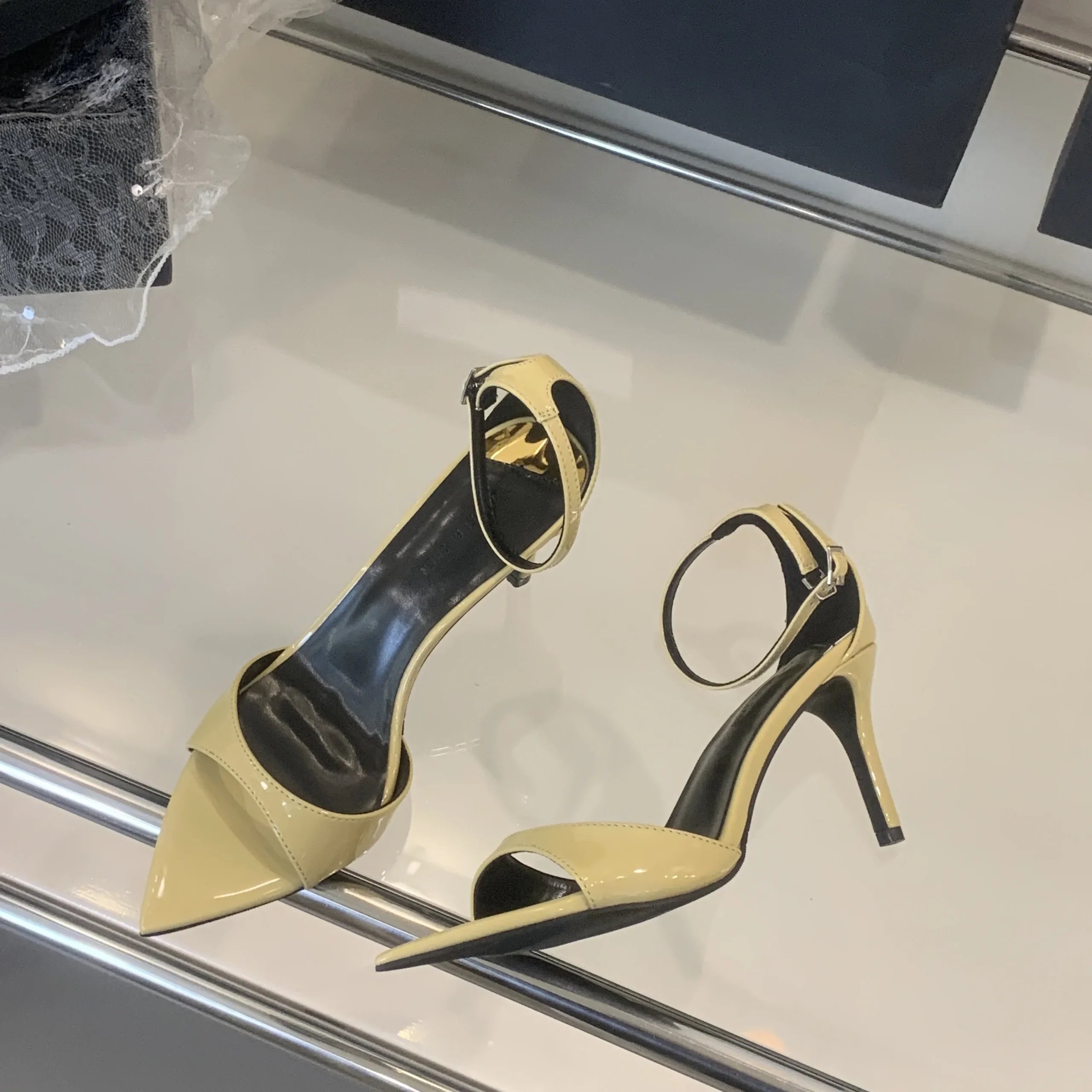 Elegant Pointed Toe Patent Leather Buckle Party High Heeled Sandals