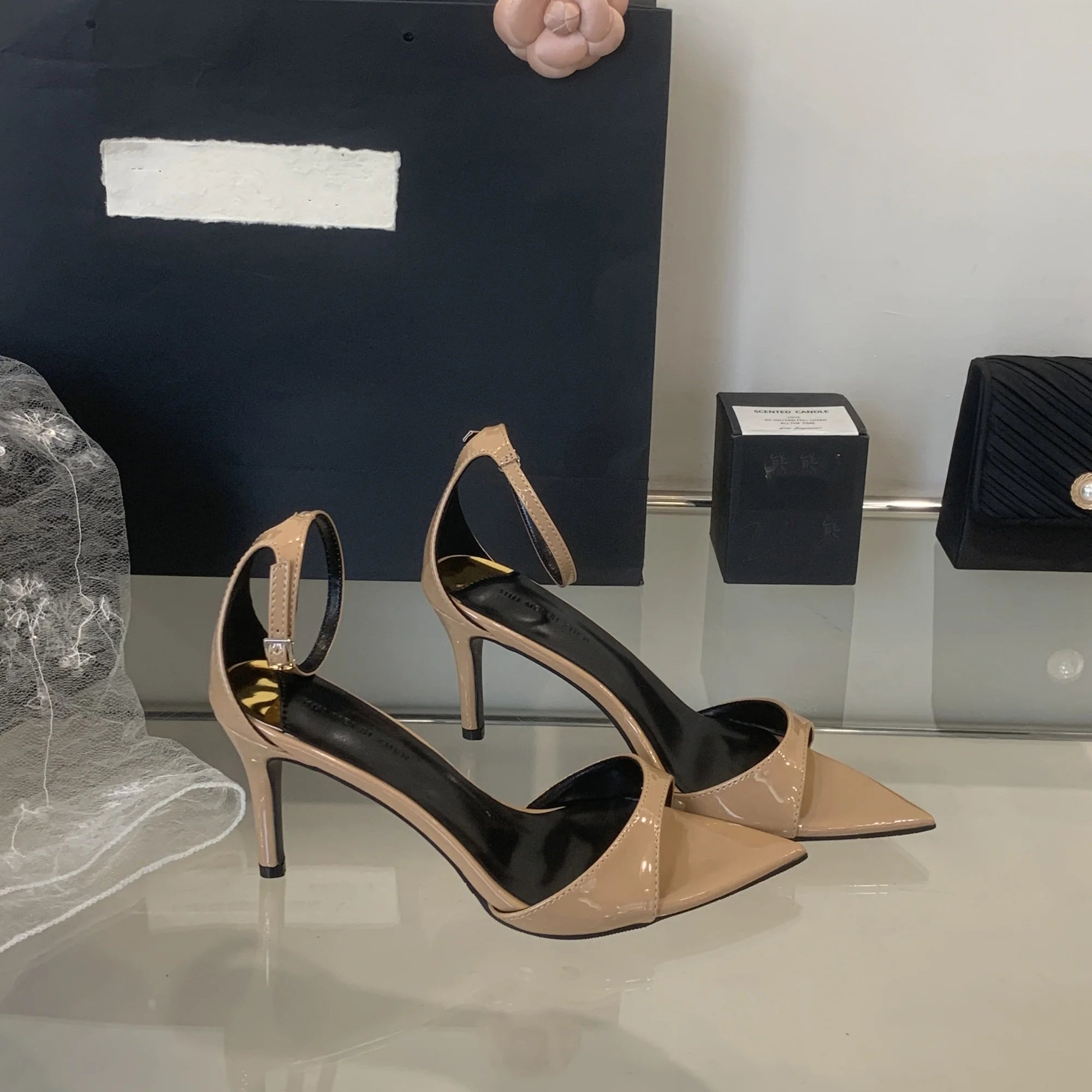 Elegant Pointed Toe Patent Leather Buckle Party High Heeled Sandals
