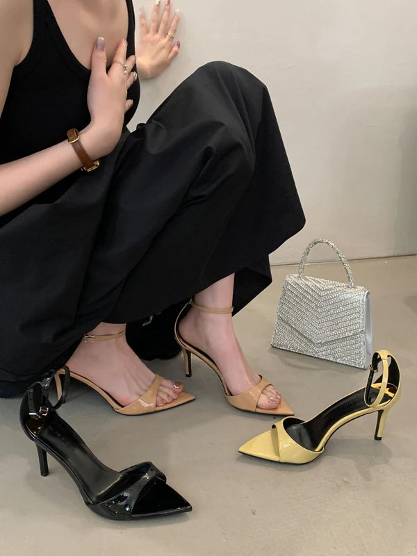 Elegant Pointed Toe Patent Leather Buckle Party High Heeled Sandals
