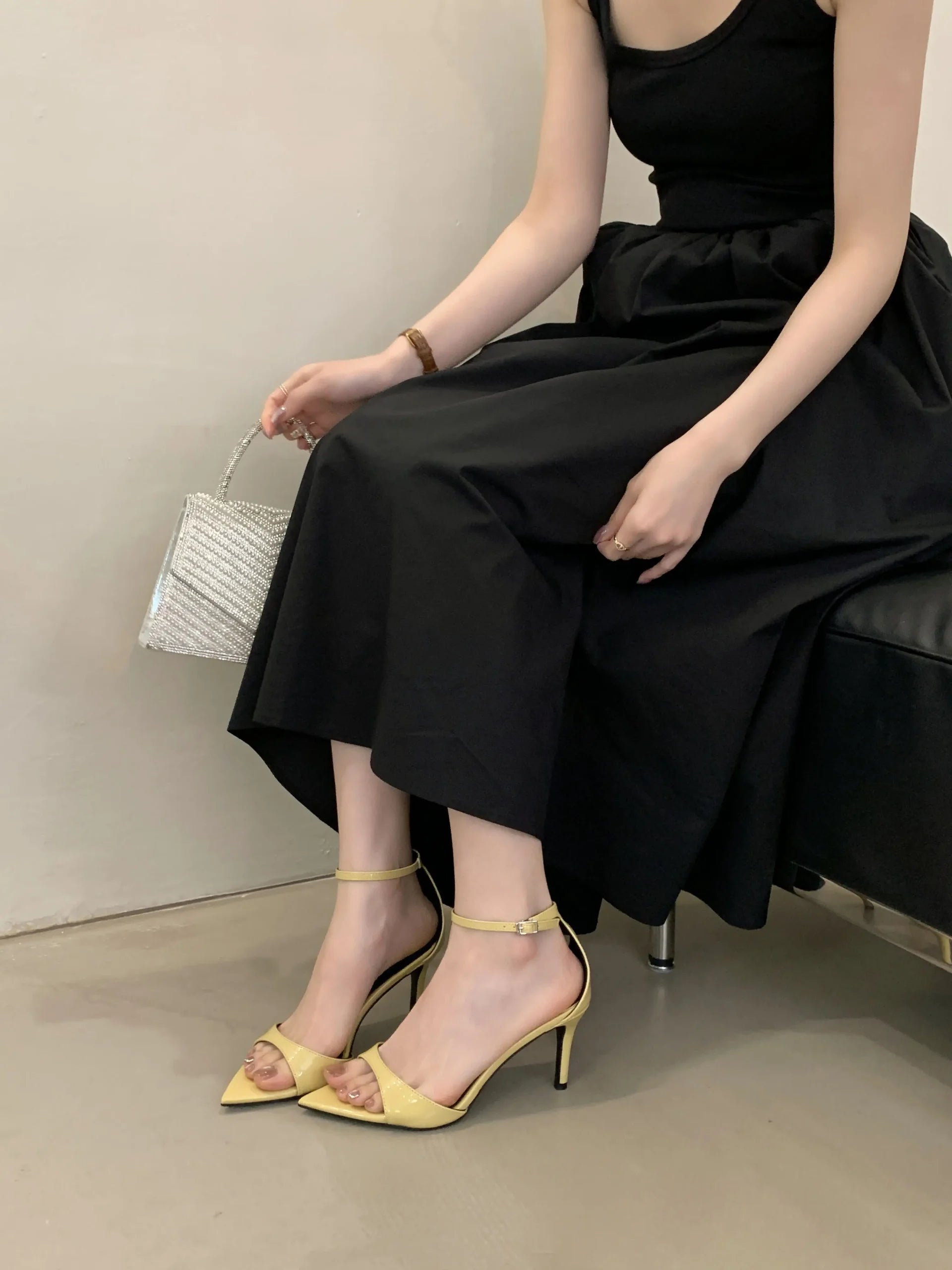 Elegant Pointed Toe Patent Leather Buckle Party High Heeled Sandals