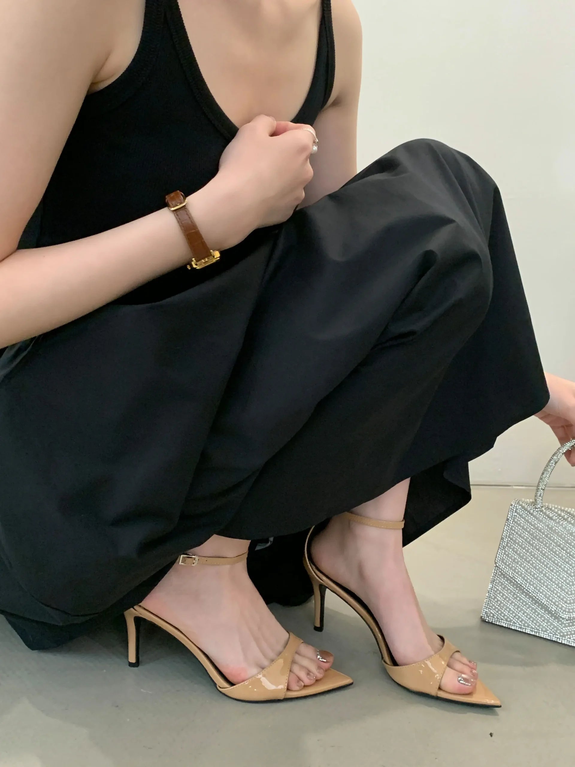 Elegant Pointed Toe Patent Leather Buckle Party High Heeled Sandals