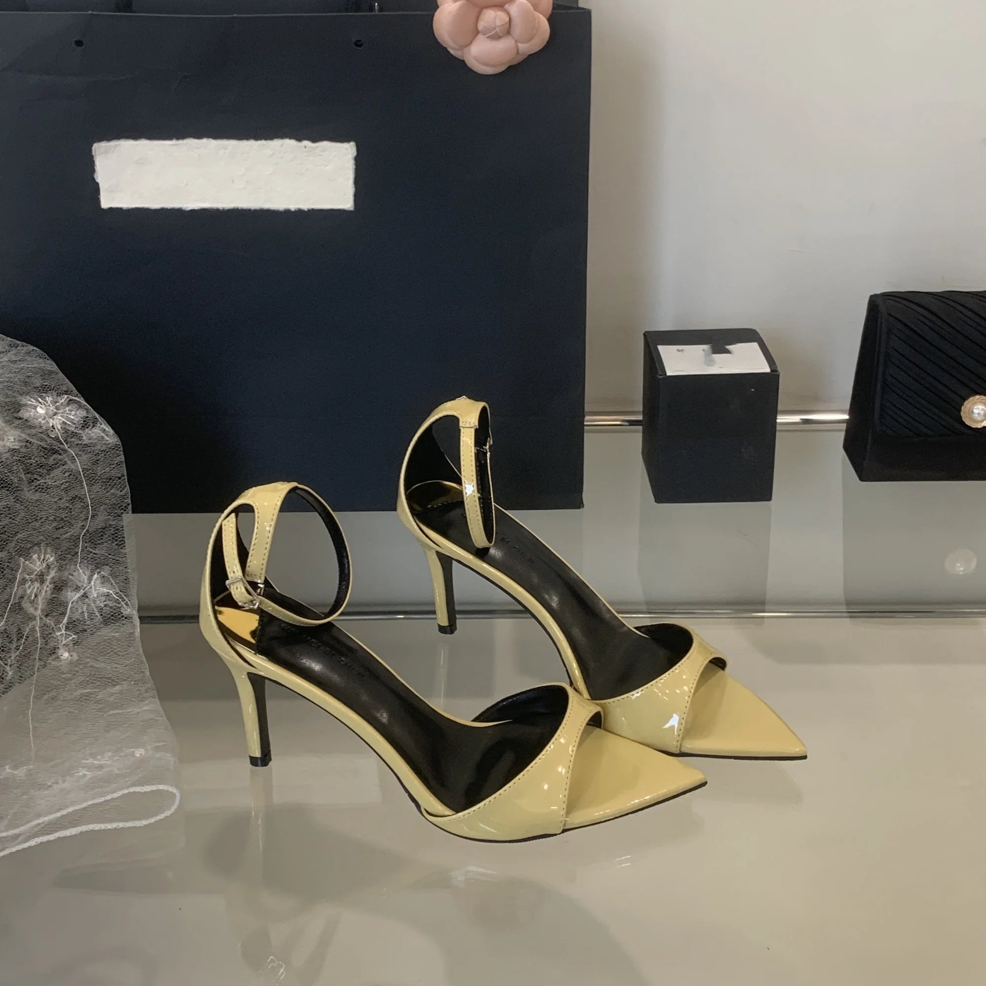 Elegant Pointed Toe Patent Leather Buckle Party High Heeled Sandals