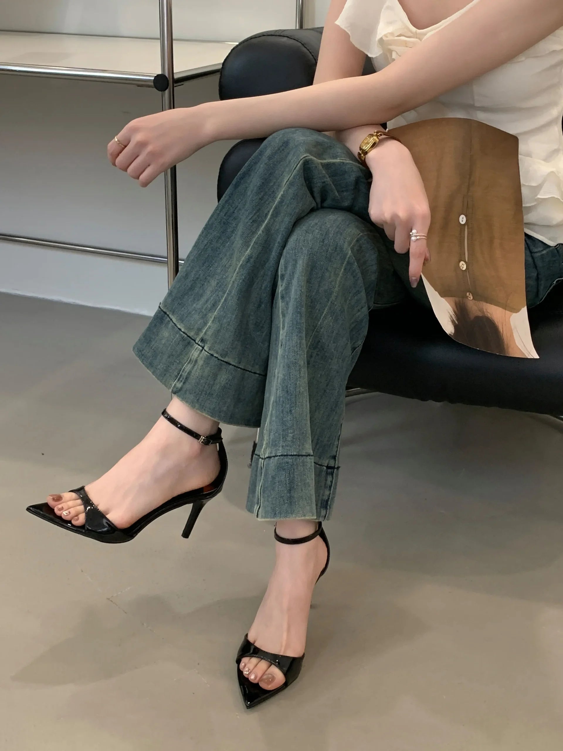 Elegant Pointed Toe Patent Leather Buckle Party High Heeled Sandals